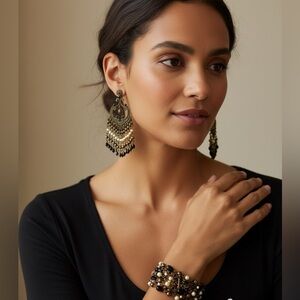 White House Black Market Earrings Bracelet Set Gold Black Bead Statement Jewelry